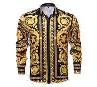 Camisa de Vestir con Botones de satén para Hombre, Ajustada, de Manga Larga y con Estampado Floral de Lujo, de Seda, para Fiesta, graduación o Discoteca, X-Large