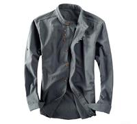 Camisa de vestir de manga larga para hombre de perfil delgado con cuello mandarín y composición de mezcla de lino de algodón (L gris oscuro)
