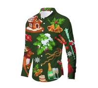 Camisa de Vestir de satén con Botones y Manga Delgada con Estampado navideño para Hombre Camisa de Manga Larga para Hombre (Green, XL)