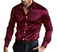 Camisa de vestir de seda satinada para hombre con mangas largas para uso casual y de eventos (M rojo vino)