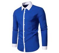 Camisa de vestir formal de negocios para hombre, informal, de manga larga, color sólido, con retazos, camisa básica con botones regulares, blusa de oficina, ropa de trabajo, suave y cómoda, azul, XL