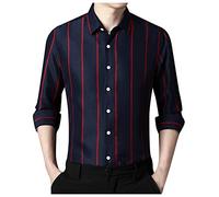 Camisa de vestir formal de negocios para hombre y hombre, a la moda, casual, coreana, delgada, a rayas, solapa, camisa de manga larga, camiseta atlética, deportiva, ropa de trabajo, azul marino, 3XL
