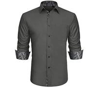 Camisa de Vestir Gris Formal Manga Larga Botón Abajo Marrón Paisley Trabajo Business Smart Floral Collar Regular Fit Camisa Gris Oscuro L