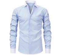 Camisa de Vestir Manga Larga para Hombre Camisas de Rayas con Botones Regular Fit Traje Negocios Formal Boda,Azul 1,L