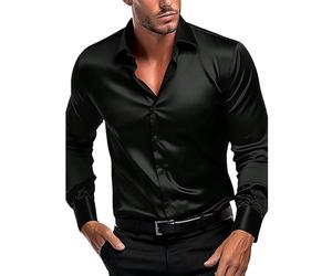 Camisa de vestir para hombre de manga larga sin planchar, camisa de satén con corbata de moño para hombre, camisa de fiesta o boda con corbata de moño a juego, camisa de seda brillante de lujo para