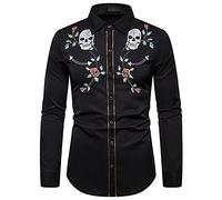 Camisa Delgada para Hombre Camisa de Estilo Occidental Camisa de Manga Larga con Bordado de Rosas y Cabeza de Calavera Tops de Moda Casual