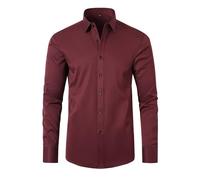 Camisa elástica de manga larga sin planchado para hombre, camisa de manga larga con solapa de color sólido con botones para hombre, camisa camiseta corta, Vino, S