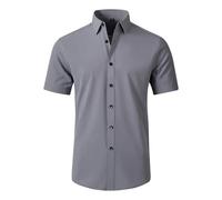 Camisa elástica para hombre, no necesita planchado, no se arruga, para vestir, formal, boda, graduación, manga corta, ajustada, con botones, gris, L