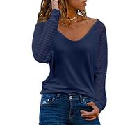Camisa elegante con manga larga y cuello en V para mujer, blusa transparente, camisetas casuales, blusa de gran tamaño, camisa de un solo color, elegante túnica, tops (Azul-E/M)