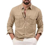 Camisa elegante de ocio para hombre con múltiples bolsillos, manga larga, ajuste entallado, de negocios con botones, top clásico de color sólido, Caqui, X-Large