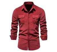 Camisa elegante y sencilla de terciopelo acanalado ajustada manga larga cuello en V para hombre camiseta regular fit casual verano clásico trabajo Streetwear Shirts cómoda de oficina Top Outdoor, rojo