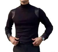 Camisa empalmada de manga larga para hombre, cuello medio, panel de piel sintética, capa base casual, negro, M-2XL (negro XXL)