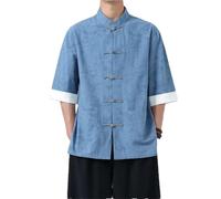 Camisa estampada de estilo chino para hombre, parte superior mandarina ligera con diseño oriental, Camisas florales azules, XXL