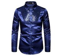 Camisa Fiesta de Hombre Camisa Brillo Esmoquin de Manga Larga para Hombre Blusa Brillante de Lentejuelas con Cuello Solapa Camisa Ajustada Shirt Delgado para Club Noche Bar Ceremonia (Azul, S)