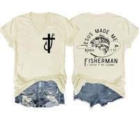 Camisa Fishers of Men, camisa Fisher of Men, camiseta Jesus Made Me A Fishermen, camisas de Jesús cristiano, Amarillo cremoso (cuello en V), L
