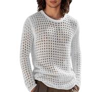 Camisa genérica para hombre de punto de rejilla de manga larga, camiseta de verano transpirable transparente en talla Plus, sudadera casual casual para playa, vacaciones de verano y salidas, blanco