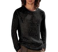 Camisa genérica para hombre de punto de rejilla de manga larga, camiseta de verano transpirable transparente en talla Plus, sudadera casual casual para playa, vacaciones de verano y salidas, Negro