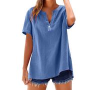 Camisa genérica para mujer con botones de cuello en V - Camisetas de manga corta para mujer Top ligero camiseta transpirable superior ocio al aire libre camiseta de color liso superior primavera