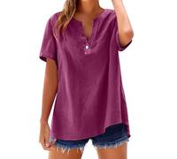 Camisa genérica para mujer con botones de cuello en V - Camisetas de manga corta para mujer Top ligero camiseta transpirable superior ocio al aire libre camiseta de color liso superior primavera