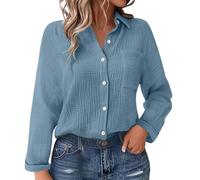 Camisa genérica para mujer, lino, manga larga, blusa para mujer, talla grande, botones de color sólido, manga larga, blusas para mujer, tops, azul, L