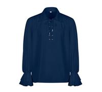 Camisa gótica para hombre, disfraz de vikingo, camisa con cordones, cuello alto, cosplay, camisa vintage con volantes, camisa pirata para Halloween, carnaval, clásica, retro, con volantes, 02 azul