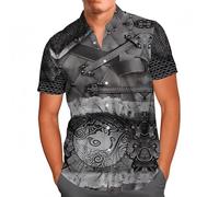 Camisa Hawaiana Armadura Vikingo Hombre, Camisa Manga Corta Cuello Camp, Estampado Integral Guerrero Runas Nórdicas, Camisa Informal de Verano