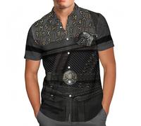 Camisa Hawaiana Armadura Vikingo Hombre, Camisa Manga Corta Cuello Camp, Estampado Integral Guerrero Runas Nórdicas, Camisa Informal de Verano