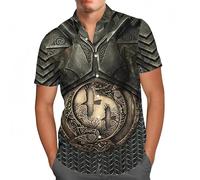 Camisa Hawaiana Armadura Vikingo Hombre, Camisa Manga Corta Cuello Camp, Estampado Integral Guerrero Runas Nórdicas, Camisa Informal de Verano