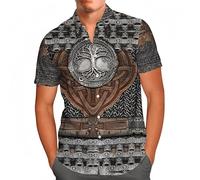 Camisa Hawaiana Armadura Vikingo Hombre, Camisa Manga Corta Cuello Camp, Estampado Integral Guerrero Runas Nórdicas, Camisa Informal de Verano