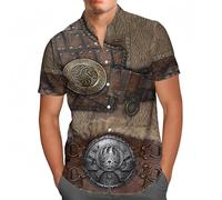 Camisa Hawaiana Armadura Vikingo Hombre, Camisa Manga Corta Cuello Camp, Estampado Integral Guerrero Runas Nórdicas, Camisa Informal de Verano