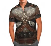 Camisa Hawaiana Armadura Vikingo Hombre, Camisa Manga Corta Cuello Camp, Estampado Integral Guerrero Runas Nórdicas, Camisa Informal de Verano