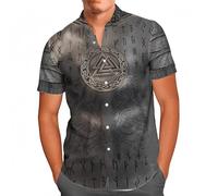 Camisa Hawaiana Armadura Vikingo Hombre, Camisa Manga Corta Cuello Camp, Estampado Integral Guerrero Runas Nórdicas, Camisa Informal de Verano