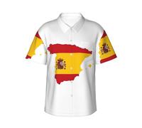 Camisa hawaiana con estampado de bandera española para hombre, camisa hawaiana de verano con botón hacia abajo de manga corta para fiesta crucero, Negro , S
