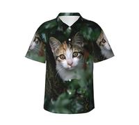 Camisa hawaiana con estampado de gato detrás del árbol, perfecta para fiestas en la playa y looks casuales de vacaciones, Negro, L