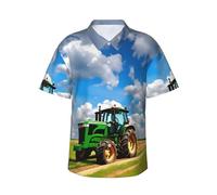 Camisa hawaiana con estampado de tractor bajo cielo azul y nubes blancas para hombre, manga corta con botones, camisas de playa de verano, camiseta cubana casual, Negro, XXL