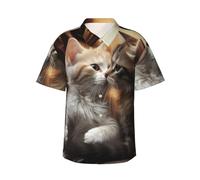 Camisa hawaiana de manga corta con botones para hombre, camisa de playa con beso de gato, blusas ligeras, Negro -, XXL
