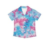 Camisa hawaiana de manga corta con botones para niño pequeño, con cuello y cuello, tinte de corbata azul rosa, 9-10 Years