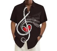 Camisa Hawaiana de Manga Corta con Botones y Estampado 3D de Nota Musical para Hombre con gráfico de Clave de Sol y corazón Ideal para el Verano la Playa y Actividades al Aire Libre