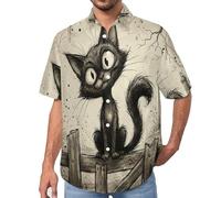 Camisa Hawaiana de Manga Corta para Hombre, con Estampado Gato Negro Gótico Cuento De Hadas Oscuro, Informal Cuello Abatible, Ligera Transpirable Camisa para Verano Vacaciones