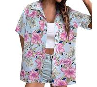 Camisa hawaiana de manga corta para mujer, blusa de flores, túnica, camisa hawaiana, blusa, blusa, playera, surf para vacaciones, después del sol, hojas de palma bordadas, Sandía Rojo#8, L