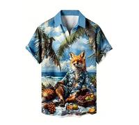 Camisa Hawaiana de patrón de Caballero Mono para Hombre Divertida de Animal Zorro Estampado 3D Aloha Manga Corta Blusa Holgada de Solapa para la Calle