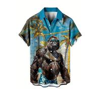Camisa Hawaiana de patrón de Caballero Mono para Hombre Divertida de Animal Zorro Estampado 3D Aloha Manga Corta Blusa Holgada de Solapa para la Calle
