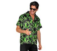 Camisa hawaiana de satén para hombre con estampado de cannabis cáñamo The Ganja Style Beach Party manga corta JGA despedida de soltero, negro / verde, L-XL