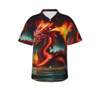 Camisa hawaiana estampada Dragon King in Fire para hombre, perfecta para fiestas en la playa y looks casuales de vacaciones, NEGRO, L