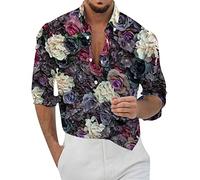 Camisa Hawaiana Hombre, Camisas de Hombre,Casual con Estampado Geométrico y Diseño Floral de Manga Larga para un Estilo Veraniego y