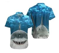Camisa Hawaiana Hombre Manga Corta Cuello Camp, Estampado 3D Gran Tiburón Blanco Océano Ropa Playa