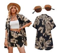 Camisa Hawaiana Mujer Camisa de Playa Camisas Causal de Verano para Mujer Pantalones Cortos Conjunto Gafas de para El Sol