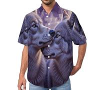 Camisa Hawaiana para Hombre, Casual Manga Corta, Estampado Beso De Luna Llena Lobo Fantasía, Camisas Abotonada para Vacaciones, Playa, Blusa Ligera de Verano