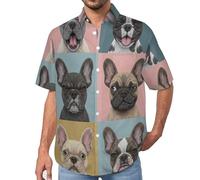 Camisa Hawaiana para Hombre, Casual Manga Corta, Estampado Bulldog Francés Lindo, Camisas Abotonada para Vacaciones, Playa, Blusa Ligera de Verano