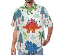 Camisa Hawaiana para Hombre, Casual Manga Corta, Estampado Dinosaurios Árboles Dibujos Animados Lindos, Camisas Abotonada para Vacaciones, Playa, Blusa Ligera de Verano